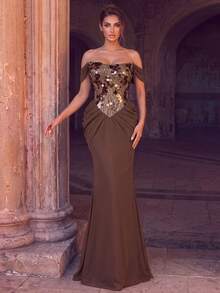 Elegant Strapless Sleeveless Long Pencil Dress Evening Gown For Women, With Contrast Sequin Patchwork, Suitable For Evening Parties, Weddings, Photoshoots, Red Carpet Events - Coffee Brown - View 5