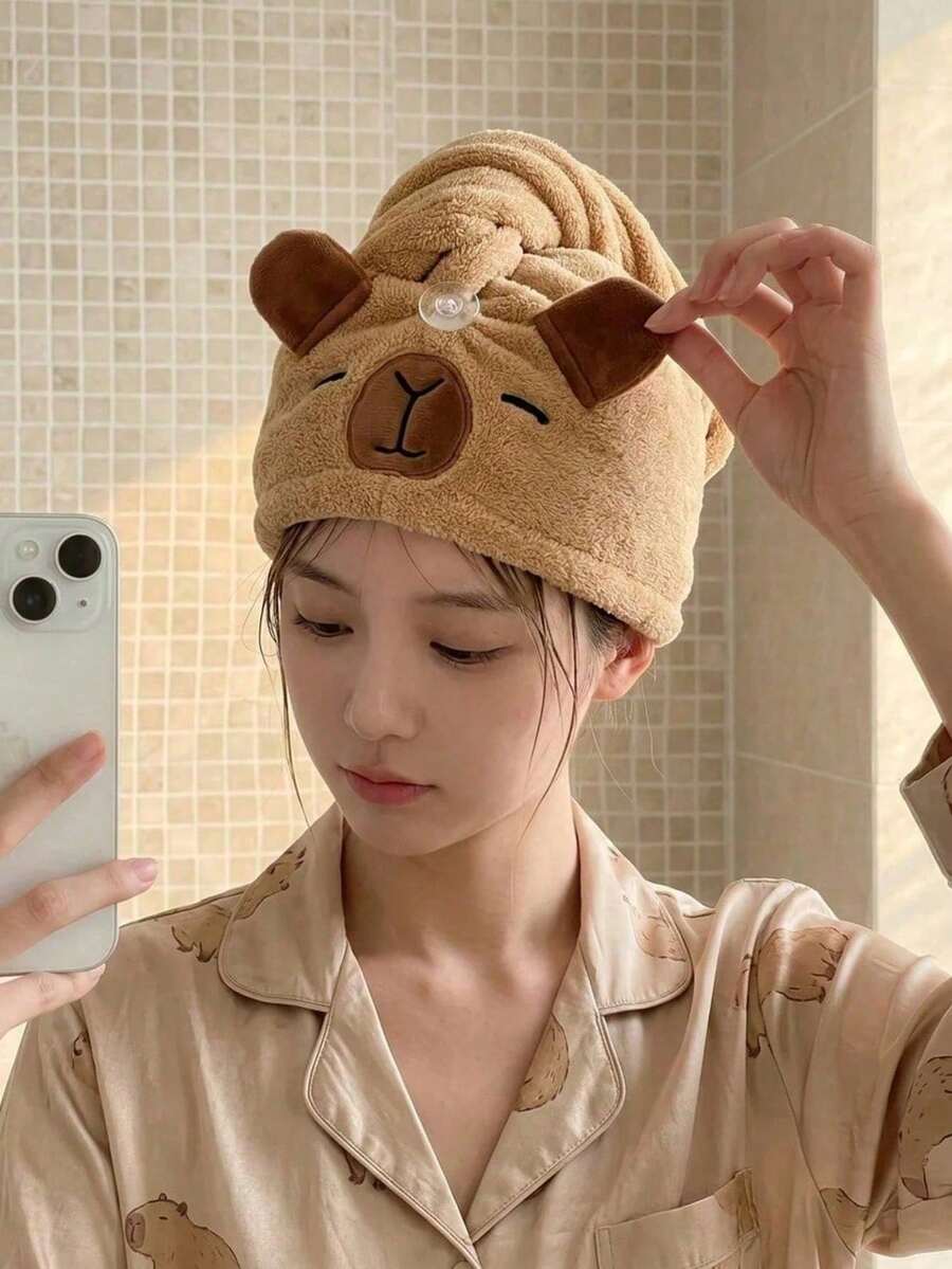 1pc Cute Capybara Plush Hair Drying Cap, Hair Accessory, Bath Towel Wrap, Multi-Functional Home Bath Cap, Bathroom Accessory, Adult Absorbent Thick Comb, Quick Dry Set, Headscarf, Shower Cap, Hair Dryer, Hair Washing Towel, Suitable For Long Hair - Multicolor - View 1