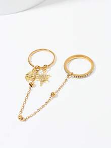 Cincin Emas, Liontin Bintang Berujung Delapan Emas dengan Rantai, Cincin Ganda Jari, Rantai Manik Bulat Dekorasi Bintang Berlian Imitasi, Cincin Mewah Bergaya Vintage, Cocok untuk Sehari-hari, Kencan, Liburan, Ulang Tahun Pernikahan, Hadiah Ulang Tahun, Aksesori Fesyen Wanita - Emas - View 4