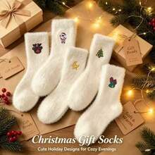 1/3/5/10 Pairs Women's Plush Christmas Mid-Calf Socks, Cute Santa Claus Reindeer Christmas Tree Pattern, Soft Fluffy Warm, Holiday Christmas Gift Socks - White - View 6