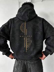 Men's Loose Drop Shoulder Distressed Washed Hoodie Sweatshirt, Autumn/Winter Brain & Heart Line Print Vintage Kangaroo Pocket Pullover - Black - View 8
