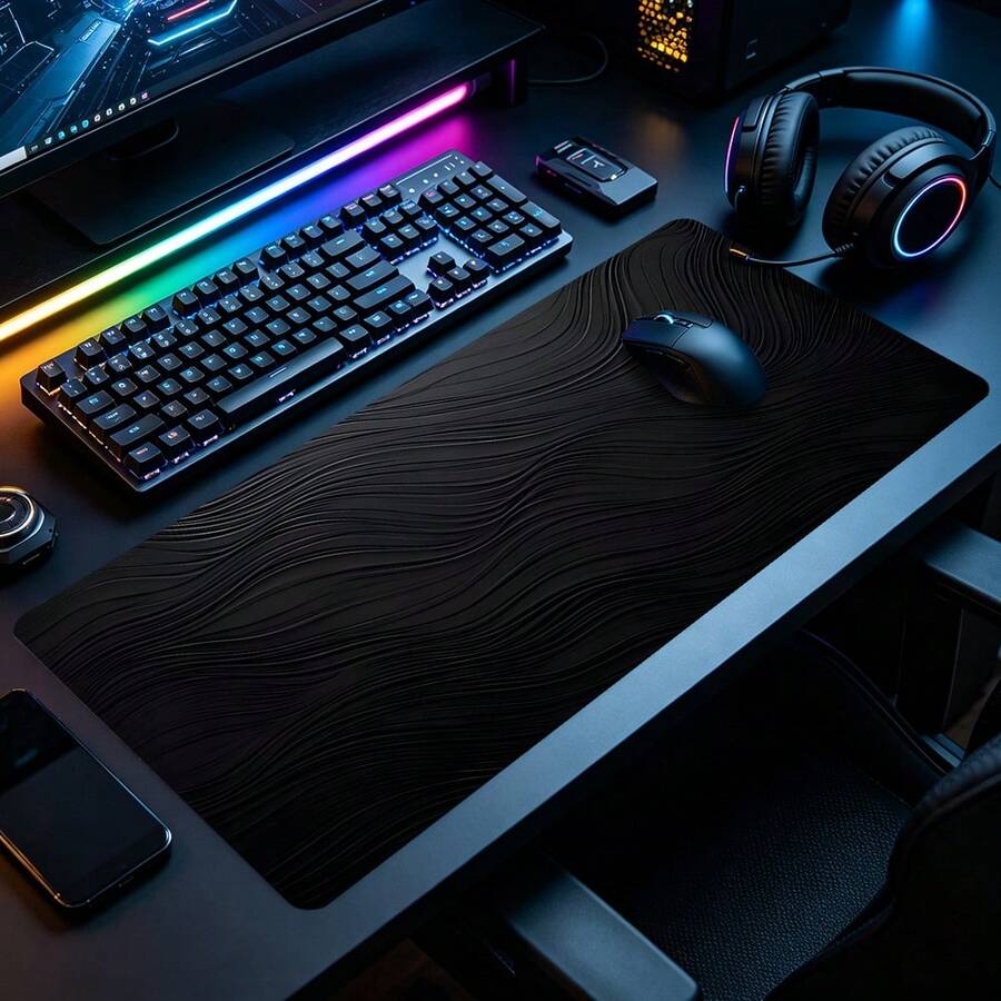 Wave Line Mouse Pad Black Texture Desk Mat Extended XL MousePad Office Desk Accessories Multicolor Non-Slip Stitched Edge Computer Mat For Desk 35.4x15.7 Inches Rubber Base Laptop Keyboard Pad For Home Office & Gamers,Durable And Spill-Resistant - View 1