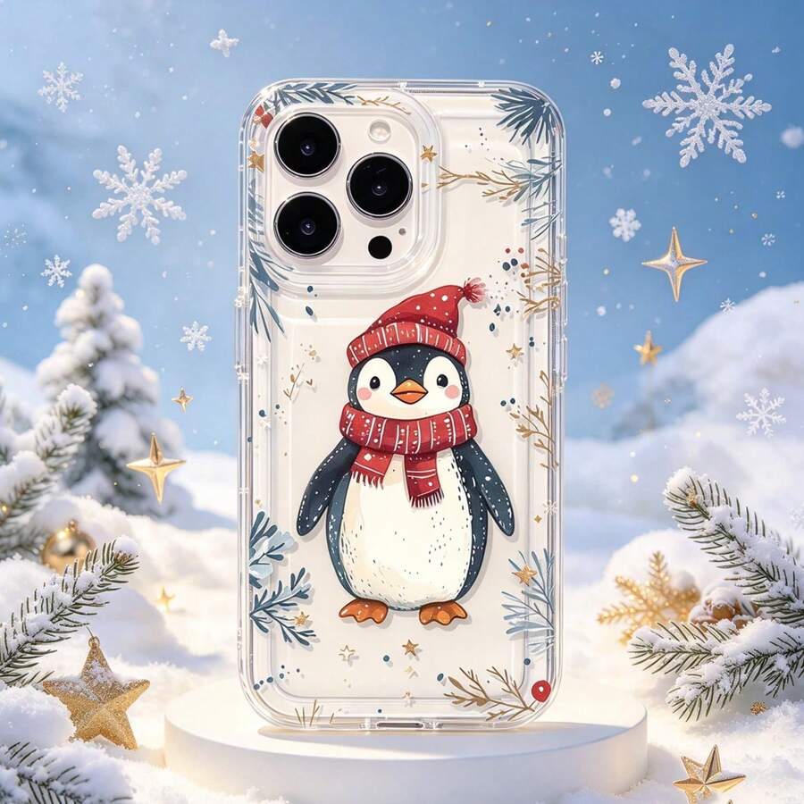 1pc Christmas Cartoon Penguin Transparent Soft Phone Case, Minimalist Winter Pattern Full Coverage Shockproof Shell, Compatible With IPhone 18ProMax 17ProMax 16 15 14 13 12 11 - Multicolor - View 1