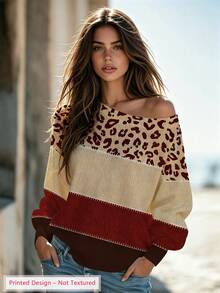 Women's Autumn Leopard Print Colorblock Knit Long Sleeve Pullover Sweater, Off-Shoulder Lantern Sleeve, Lazy Casual Multi-Occasion Outfit - Multicolor - View 5