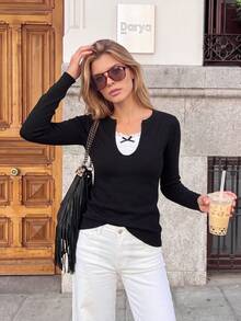 Women's Knitted Long Sleeve Cardigan, Regular Length, Preppy Style, Black And White Striped, Button Closure, Autumn/Winter - Black - View 5