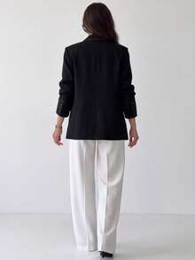 Women's Fashion Black Polyester Blazer Jacket With White Stitching Detail, Long Sleeve Regular Fit - Black - View 3