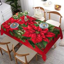 1pc Christmas Poinsettia Floral Holiday Print Tablecloth, Woven Polyester Square And Rectangular Tablecloth, Suitable For Home, Kitchen Decor, Holiday Party, Camping - Machine Woven - Multicolor - View 5