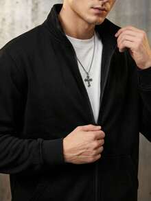 Men's Casual Versatile Pocket Long Sleeve Zip-Up Knit Cardigan - Black - View 5
