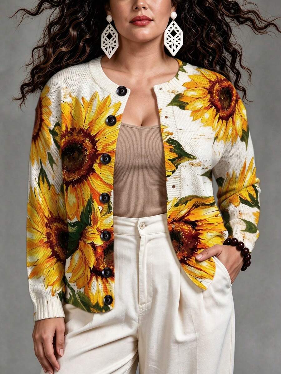 ASHKATIA Women's Plus-Size Vintage Cardigan Sweater,Bohemian Sunflower Pattern Fall Winter Knit For Social Occasions - Multicolor - View 1
