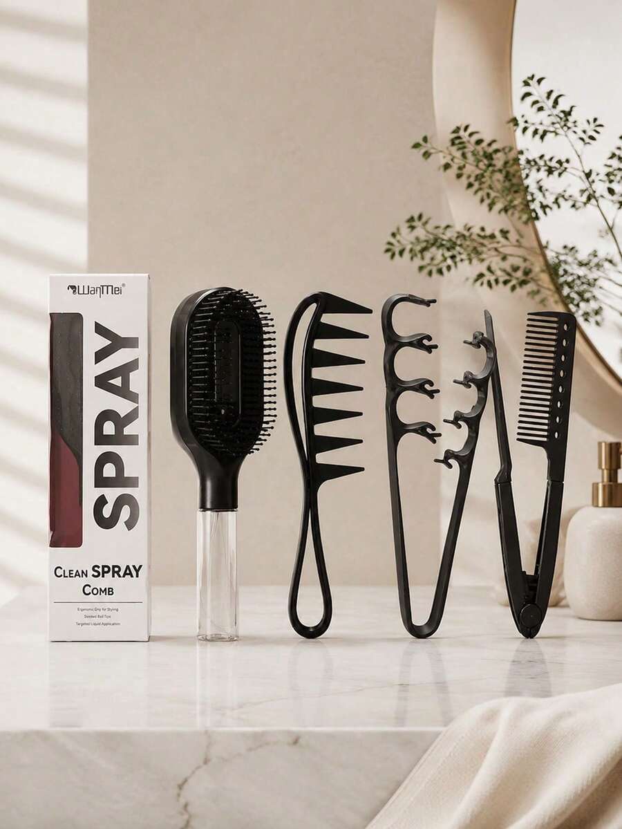 4pcs Hair Comb Set, 2-In-1 Spray Comb, Anti-Static Wide Tooth Comb, Detangling Comb, Straightening Comb, Moisturizing Comb, Suitable For All Hair Types, Women's Hair Accessories, Hair Care Products, Hair Styling Tools, Salon Equipment - Multicolor - View 1