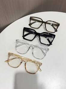 4 Pairs INS Style Geometric Frame Women's Glasses Set, Perfect Blend Of Modern Style And Vintage Charm, Suitable For Vacation Outfits, Parties, Daily Life, Commuting, Street Photography, Fits All Face Shapes - Transparent - View 3