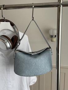 Vintage Denim Patchwork PU Baguette Small Handbag With Metal Lock Decor, Daily Commute Crossbody Shoulder Bag - Silver - View 9