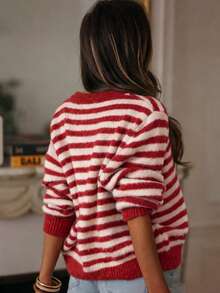 Women's Plus Size Fuzzy Knit Striped Cardigan, Comfortable Autumn/Winter Round Neck Long Sleeve Button-Front Sweater, Drop Shoulder Design, Regular Length. Red And Beige Striped Contrast Color, Full Of Vitality, Autumn/Winter Daily Wear - Red - View 5