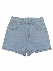 Women's Denim Shorts, Light Wash Mid-Stretch Straight Fit, Casual Fashion, Button Detail, Suitable For Daily Wear. - Light Wash - View 4