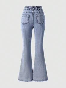 Girls' Vintage Washed Denim Jeans, Fashion Distressed Flare Leg Design, Streetwear, Campus, College Style - Blue - View 3