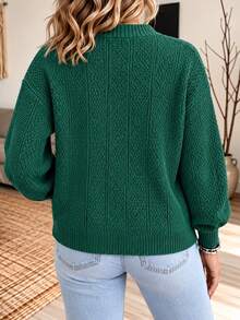 Women's Plus Size Green Knitted Loose Fit Cardigan With Drop Shoulder Long Sleeves, Rib-Knit Details, Regular Length, Perfect For Fall & Winter - Dark Green - View 2