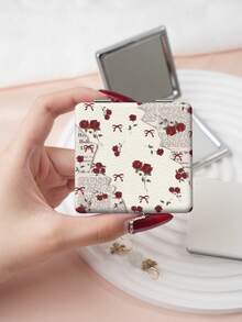 1PC Millennium Y2K Series Portable Vanity Mirror, Foldable Lightweight Ultra-Thin Convenient Hand Mirror, PU Leather, Suitable For Multiple Scenarios And All People, Foldable Small Square Mirror, Pocket Mirror, Cartoon Bow Rose Cherry Letter Print Pattern Design, Exquisite Handheld 180° Flip Cover Multi-Function Mini Mirror - Multicolor - View 7