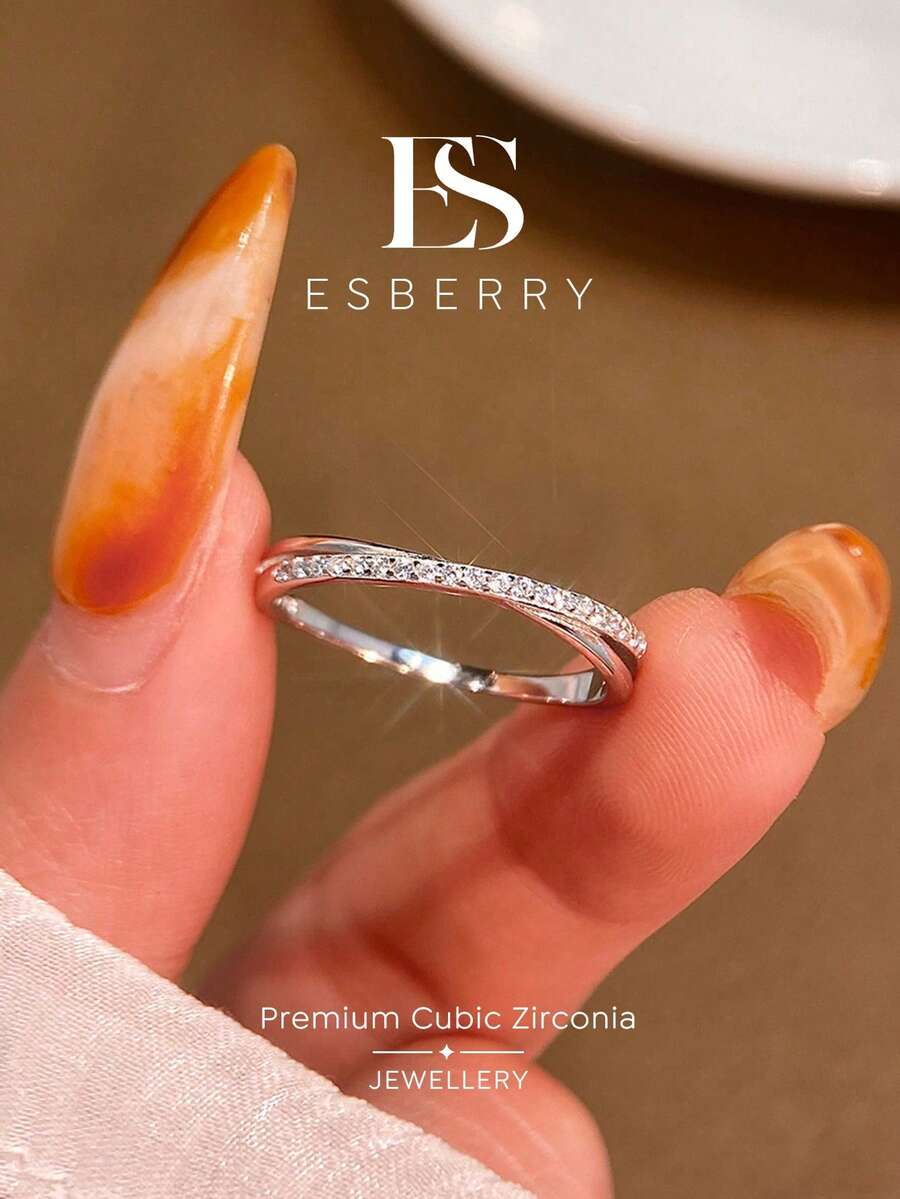 ESBERRY 1pc Rhinestone Cross Ring, Women's Platinum-Plated Ring, Exquisite Jewelry Gift, Suitable For Daily Wear - Diamond Double Cross Ring - View 1
