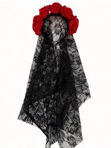1pc Dark Gothic Style Realistic Red Rose Lace Head Veil Headband, Halloween Day Of The Dead Cosplay Costume Headpiece, Gothic Party Hair Accessory - Multicolor - View 1