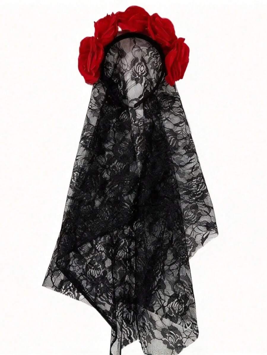 1pc Dark Gothic Style Realistic Red Rose Lace Head Veil Headband, Halloween Day Of The Dead Cosplay Costume Headpiece, Gothic Party Hair Accessory - Multicolor - View 1