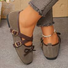 Women's Mary Jane Flats, Square Toe Grey, Cross Strap Bow, Spring/Autumn, Soft & Breathable, Casual Commute Shoes - Grey - View 2