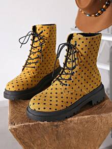 WTKMRSSTEP Women's Round Toe Polka Dot Lace-Up Thick Sole Ankle Boots, Daily Commute Shoes - Yellow - View 5