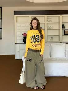 Academy Style 1997 Keeptrying Handwritten Letter & Number Print Mustard Yellow Cropped Long Sleeve T-Shirt Slim Fit Short Top - Yellow - View 6