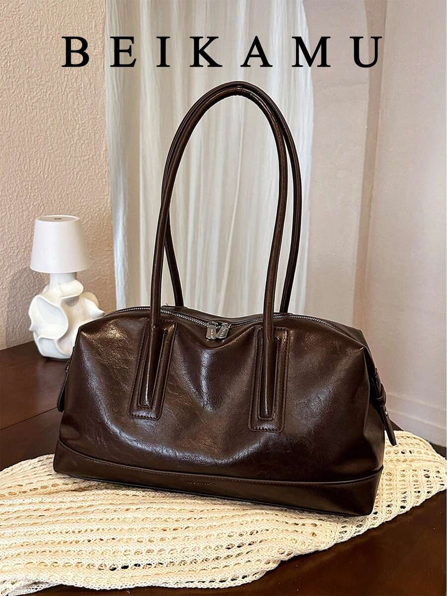 Women's Vintage Oil Wax PU Shoulder Bag, Slim Strap Zipper Tote Bag, Large Capacity Commuter Handbag - Coffee - View 1