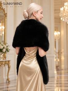 1pc Women's Solid Color Fashion Polyester Faux Fur Shawl, Suitable For Bride, Evening Party And Autumn/Winter Daily Wear - Black - View 2