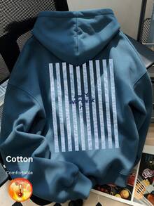 Autumn/Winter Men's Fleece Sweatshirt, Vertical Stripe Print, Y2K Style Back Text Print - Cow Blue - View 2