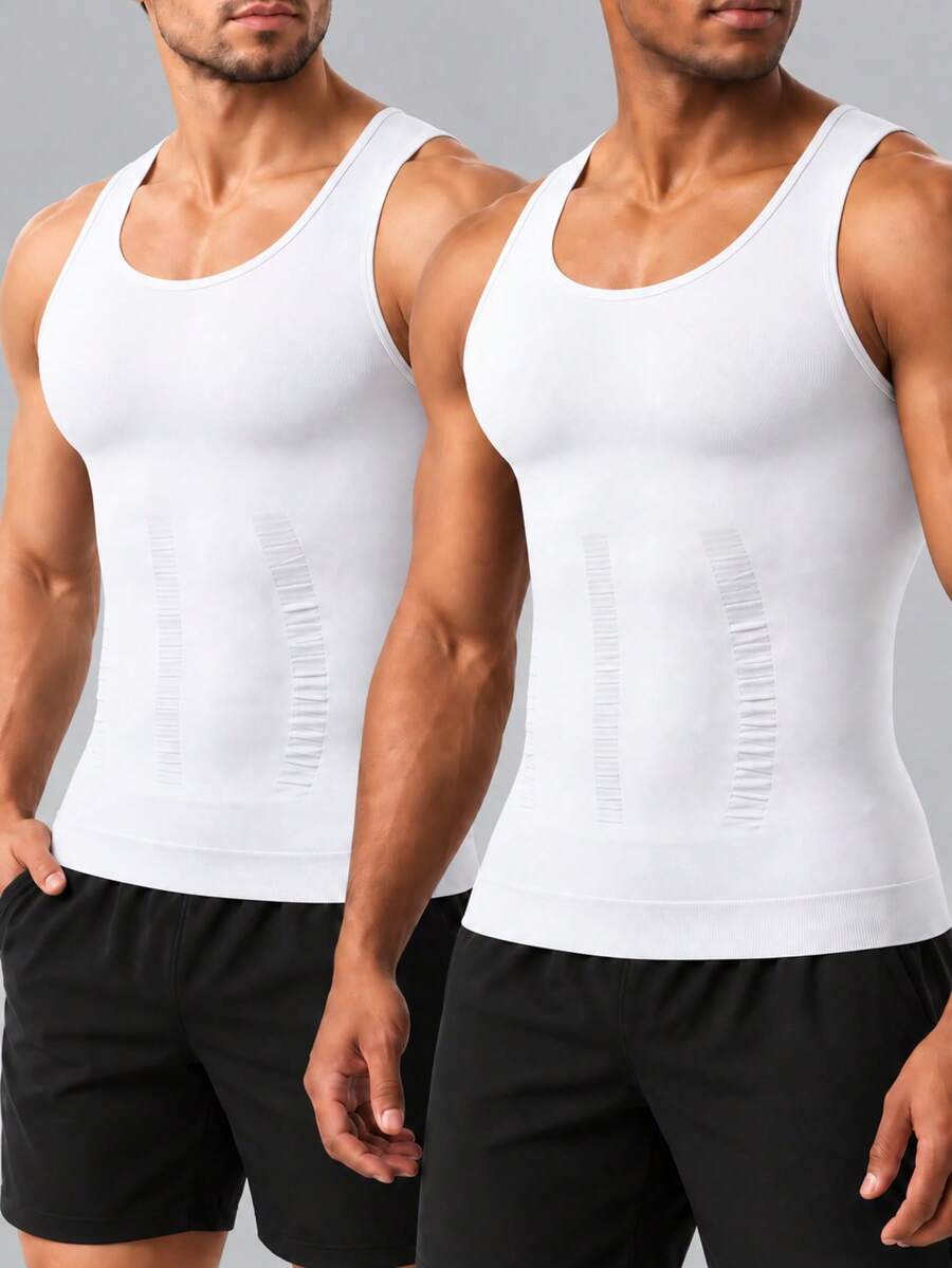2pcs Men's Seamless Breathable Tummy Control Compression Tank Top, Sleeveless Undershirt Suitable For Multiple Occasions