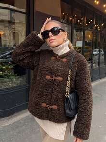 Women's Round Neck Button-Up Teddy Jacket, Casual Long Sleeve Plush Fleece Short Jacket, Warm Brown Jacket For Autumn/Winter - Brown - View 6