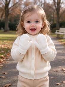 1Pc Toddler Baby Winter Warm Knit Mittens 1-3Y Solid White Soft Gloves With Ribbed Cuffs, Baby Essentials, Baby Stuff, Winter Clothes For Girls, Gift - White - View 3