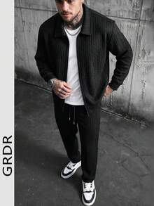 GRDR Solid Color Textured Lapel Zip-Up Knit Set Men's Straight Leg Pants Casual 2 Pieces Outfit - Black - View 3