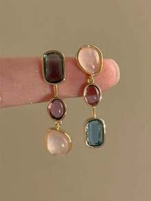 QTHOPE 1 đôi bông tai đính đá quý màu sắc bất đối xứng phong cách vintage, bông tai nụ phối màu tương phản, thiết kế độc đáo có tua rua - Nhiều màu - Xem 1