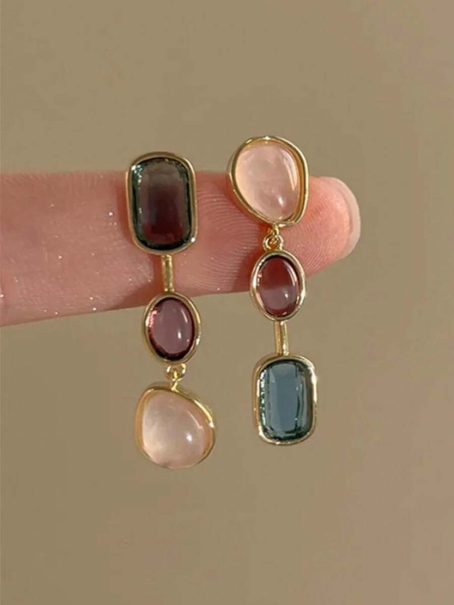 QTHOPE 1 đôi bông tai đính đá quý màu sắc bất đối xứng phong cách vintage, bông tai nụ phối màu tương phản, thiết kế độc đáo có tua rua - Nhiều màu - Xem 1