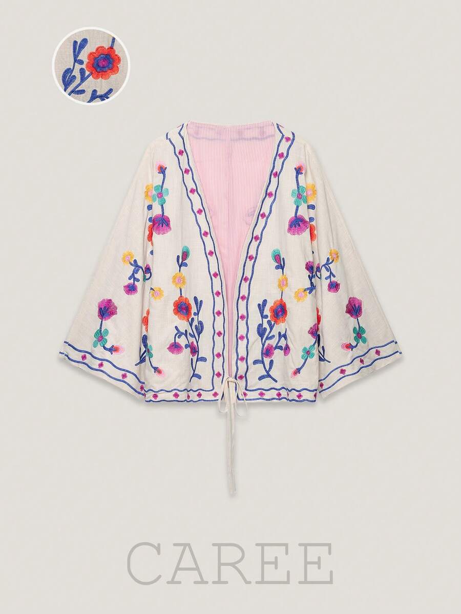 CAREE Women's Autumn/Winter White Floral Embroidered Lace-Up Front 3/4 Sleeve Open Front Loose Fit Jacket - Multicolor - View 1