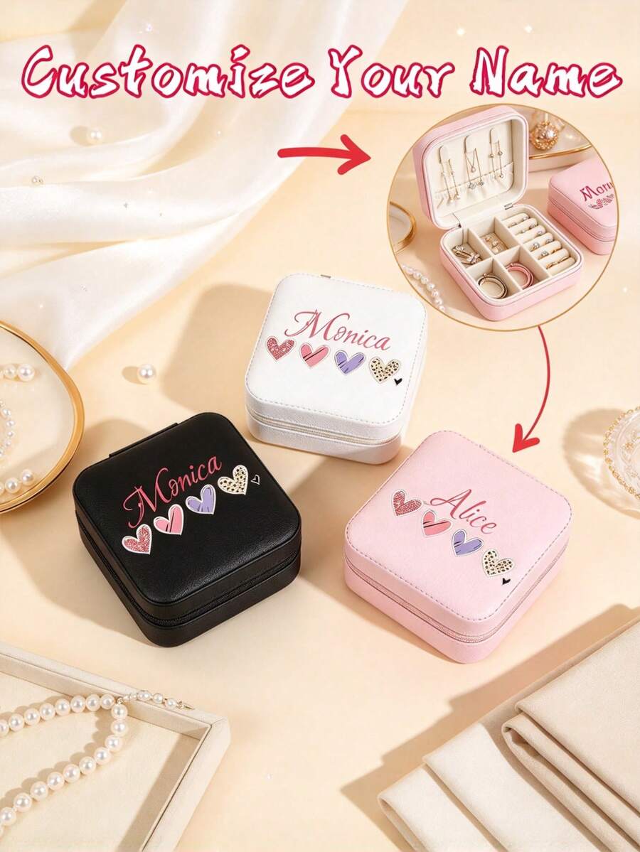 Personalized Custom Name Jewelry Box, Heart Embroidery Portable Travel Jewellery Storage Case, Mini Ring Earring Necklace Organizer, Christmas Birthday Gift For Women - Multicolor - View 1