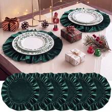 1pc/1set, Green, Red, High-Quality Velvet Christmas Placemat, Unique Pleated Lace Design, 40cm Diameter Round Table Decor Mat, Christmas Home Decoration, Suitable For Parties, Gatherings, Family Dinners - Multicolor - View 3