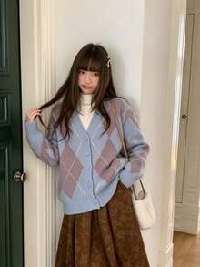 Soft, Gentle Blue Knit Cardigan Sweater For Women, New Arrival Diamond Pattern Vintage Loose Outerwear - Blue - View 1