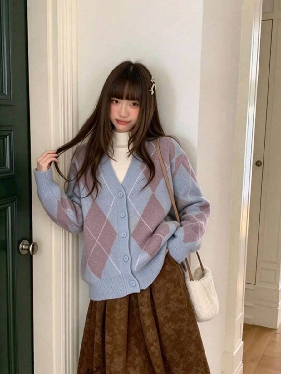 Soft, Gentle Blue Knit Cardigan Sweater For Women, New Arrival Diamond Pattern Vintage Loose Outerwear - Blue - View 1