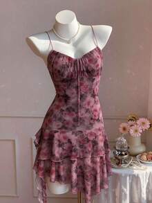 Halloween Dark Rose Ditsy Floral Spaghetti Strap Dress For Women, Heart Neckline Layered Ruffle Mesh Mini Skirt, Vintage Vibe Party Outfit - Multicolor - View 7