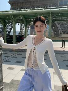 Sexy Hollow Out 2 In 1 Tie-Front Cardigan Women's T-Shirt Short Lace Patchwork Long Sleeve Base Layer Top - White - View 7