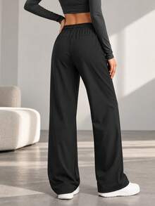 Women Black Wide Leg Sweatpants Zipper Pockets Drawstring Elastic High Waist Loose Fit Casual Athletic Lounge Pants - Black - View 5