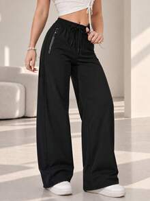 Women Black Wide Leg Sweatpants Zipper Pockets Drawstring Elastic High Waist Loose Fit Casual Athletic Lounge Pants - Black - View 6