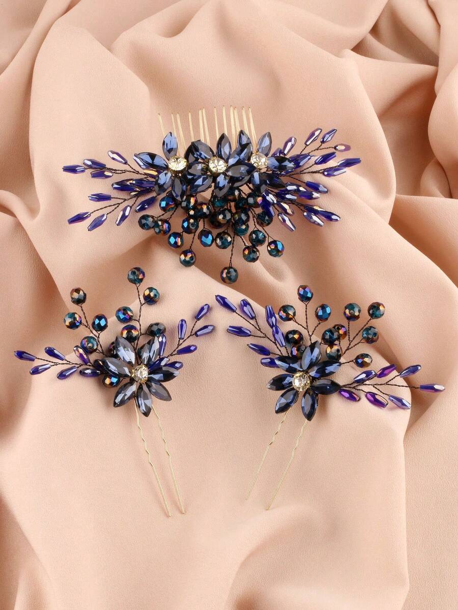 Navy Blue Rhinestone Handmade Exquisite Hair Comb & Hairpin Set, Bridal Updo Hair Comb, U-Shaped Hairpin, Evening Party Headpiece, Wedding, Festival, Ball Gown Styling Accessory - Ink Blue - View 1