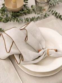 1pc Minimalist Style Linen Napkin With Beige Borders - Beige - View 4
