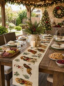 1pc Vintage Christmas Table Runner, Cute Puppy And Holly Wreath Pattern, Farmhouse Style Winter Holiday Decor, Christmas Home Kitchen Dining Table Decoration, Suitable For Family Gatherings And Parties - Multicolor - View 13