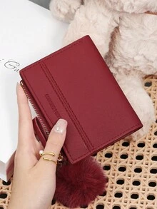 Dompet Pendek Wanita dengan Hiasan Pom Pom yang Halus, Dompet Kotak Resleting, Tempat Penyimpanan Kartu Kredit Pendek, Cocok untuk Dibawa Saat Bepergian - Lilac Purple - View 11