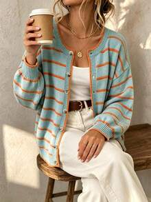 Plus Size Casual Striped Colorblock Button-Up Versatile Knit Cardigan Sweater - Baby Blue - View 5
